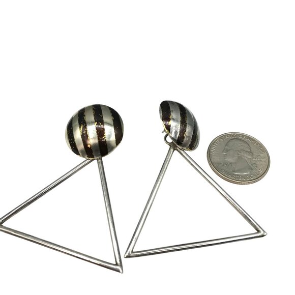 Retro Statement Geometric Dangle Earrings, Signed Artisan Leslie, Sterling Silve - Picture 5 of 7